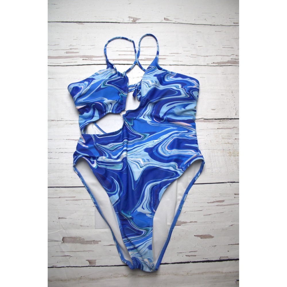 Blue‎ Marble Print Cutout One Piece Swimsuit High Leg Size L